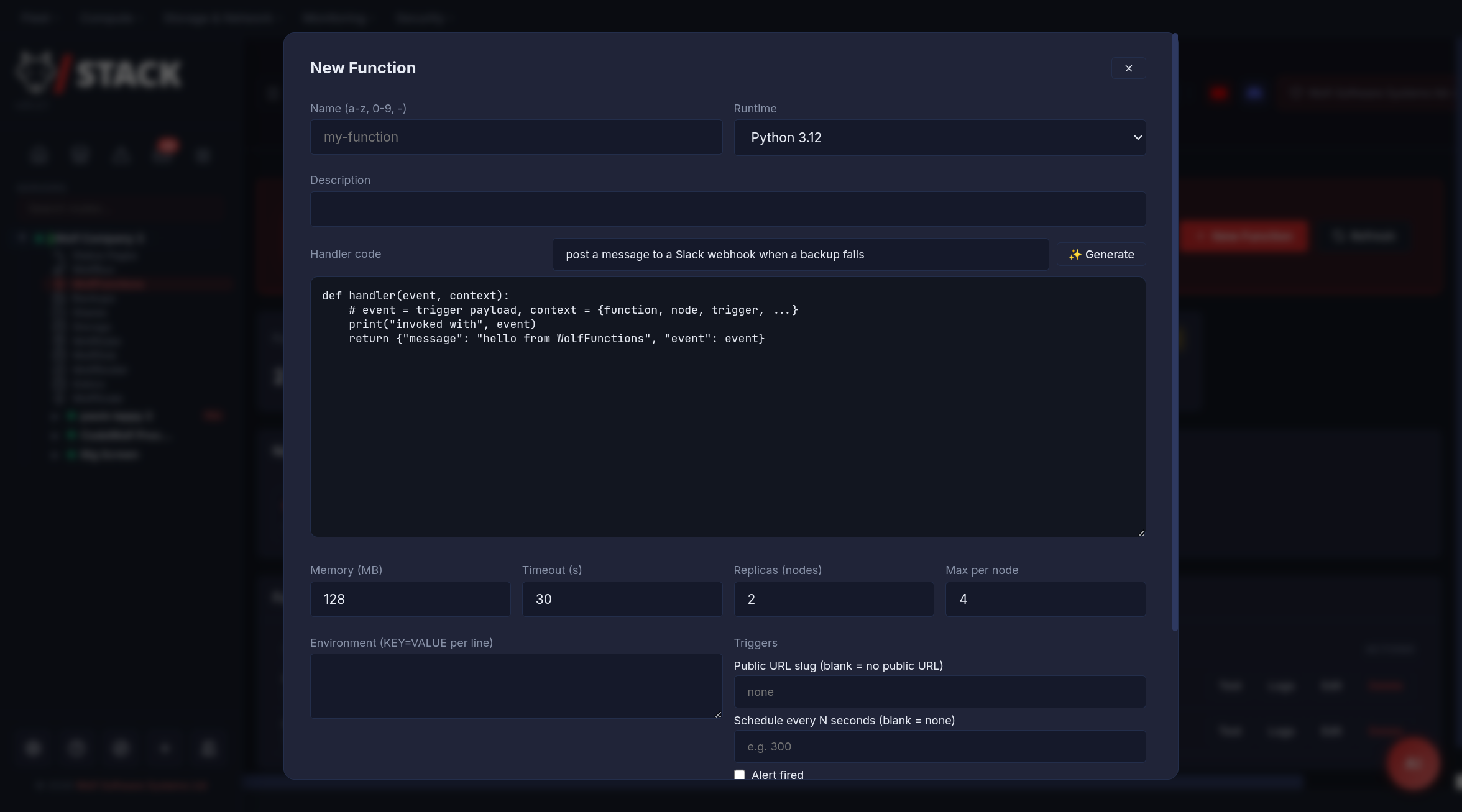 WolfFunctions editor — handler code, Generate-with-AI box, memory/timeout/replica limits, and triggers